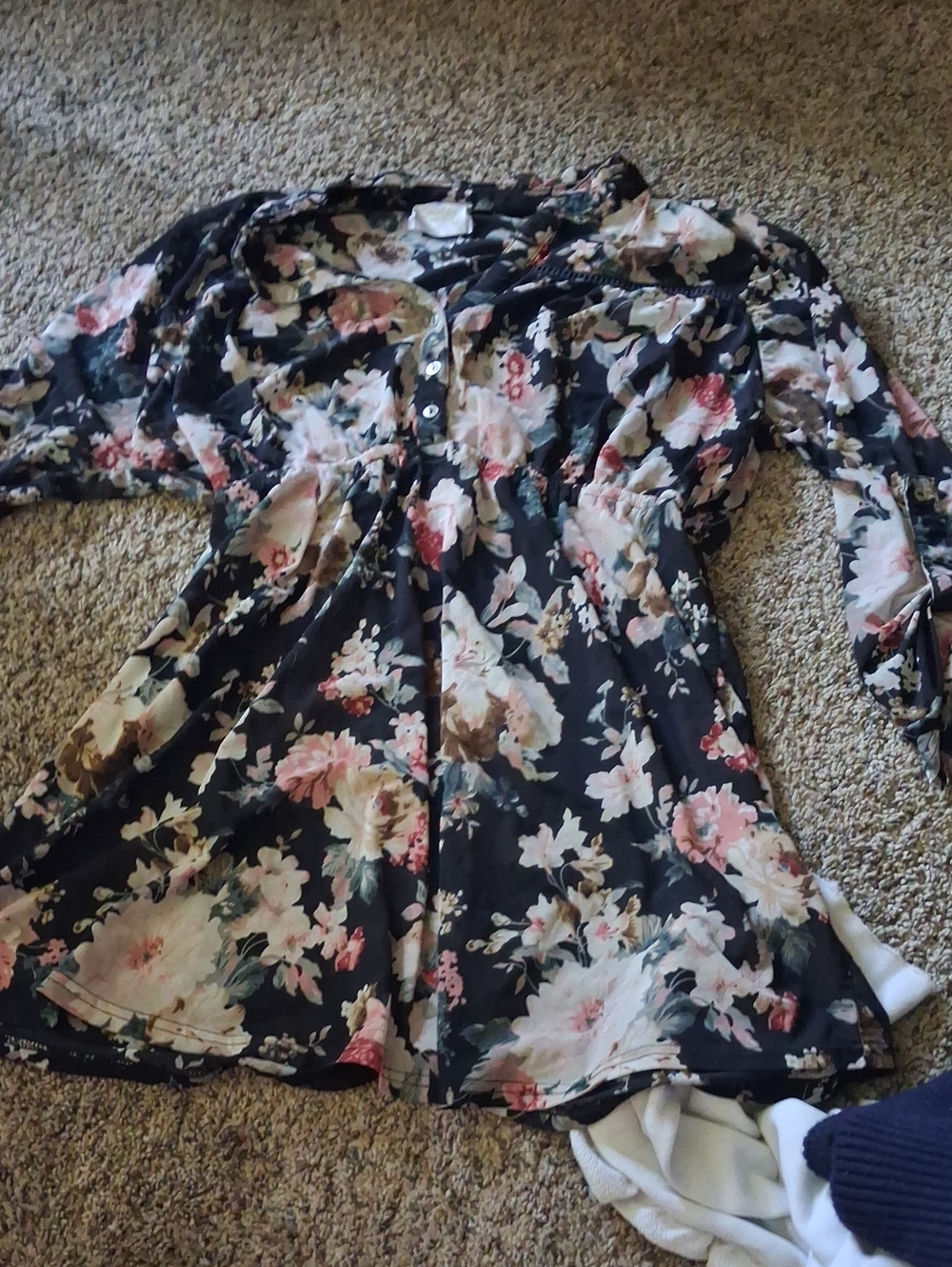 Black Floral Button-Front Tunic with Pink and Cream Blooms